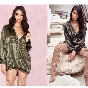 House Of CB, Marca Khaki Oversized Satin Hooded Mini Dress